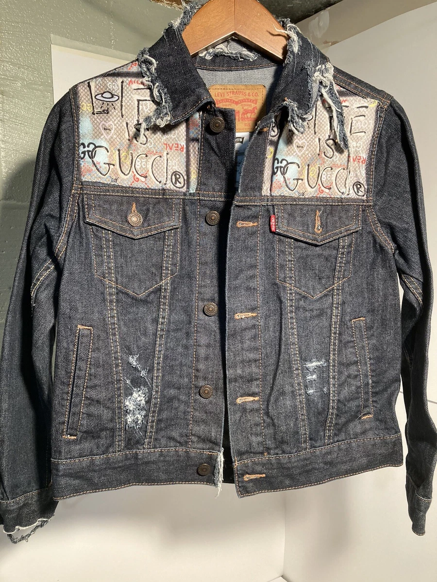 LEVIS Childrens Custom Distressed Denim Jean Jacket Gucci Size M 10 12 See Pics