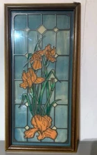 VTG 1980's Glass Window Hanging Peach Iris Flowers Painted on Blue Glass UNIQUE