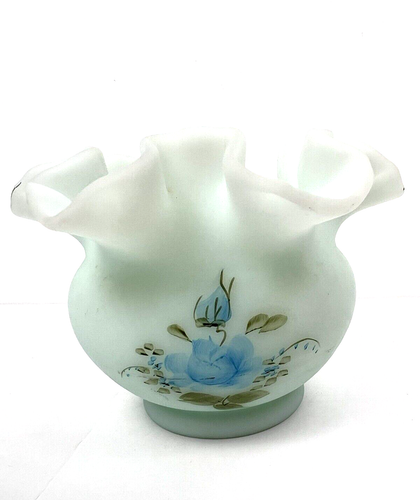 Fenton Blue Rose Satin Art Glass Vase Bowl Ruffle Hand Painted Signed 3.5" Tall