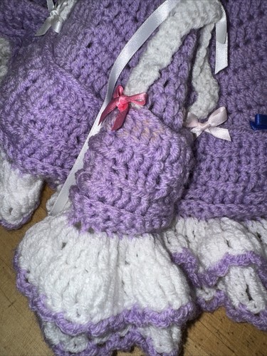 14” Doll In Handknitted Purple & White Dress W/ Ribbon Accents And Hat - Picture 4 of 7