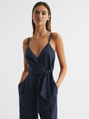 REISS EMILIA V-NECK LINEN JUMPSUIT IN NAVY BLUE UK SIZE 10 - Picture 2 of 5