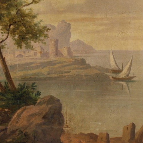 Dipinto paesaggio quadro olio su tela stile antico marina rovine personaggi - Foto 4 di 12
