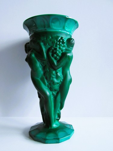 Jarrón original de vidrio de jade malaquita bohemio Art Deco de 1930 Hoffman Schlevogt - Imagen 2 de 12