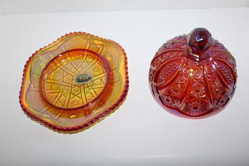 Vintage INDIANA Glass Heirloom Series IRIDESCENT Sunset Red HOBSTAR Butter Dish - Picture 2 of 7