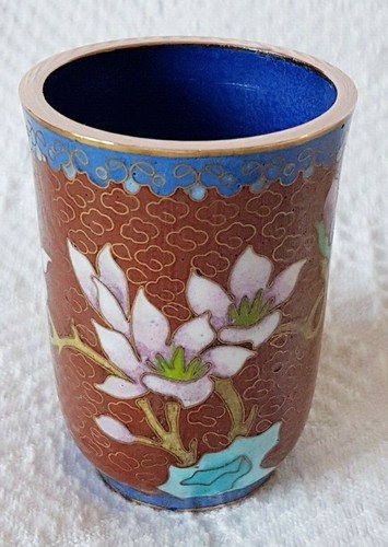 Orientalische kleine Vase ~ Messing & Cloisonne Emaille Blumendekor ~ 7,5 cm hoch