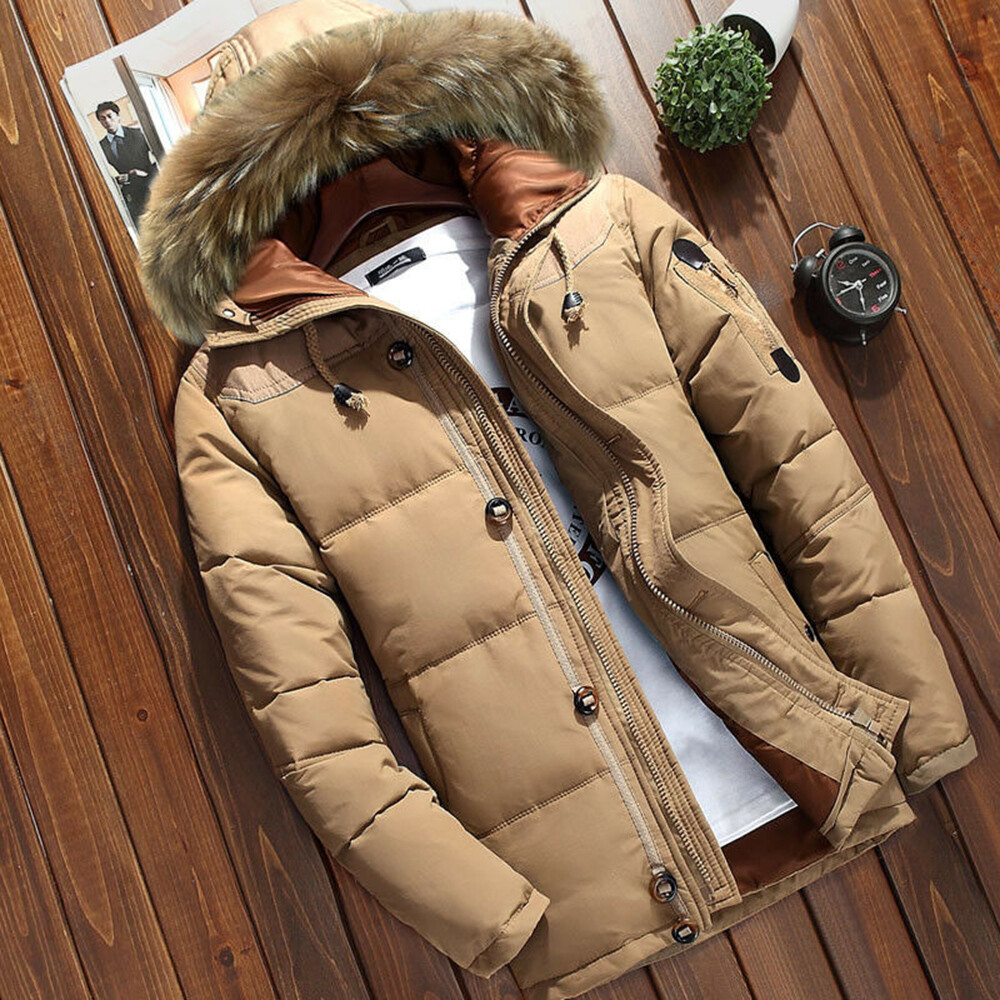 Men Duck Down Quilted Padded Puffer Jacket Faux Fur Hooded