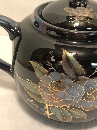 Cauldon Pottery Of England Iridescent Black Floral Teapot - Foto 3 di 11