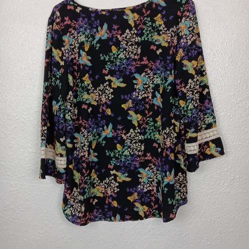Teenplo Top Size Medium Black Floral Birds/Butterflies Print Tunic Blouse Work - Picture 9 of 10
