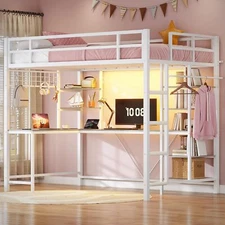 Loft Bed with Desk with Charging Station & LED Lights, Loft Bed Twin Size, White