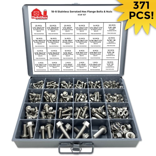 STAINLESS STEEL Serrated Flange Screw Bolt & Nut Assortment Kit - 371 Pieces! - Picture 1 of 3