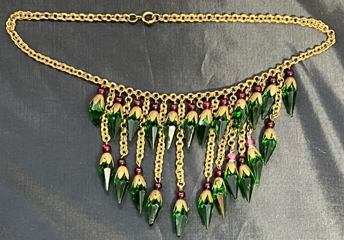 Vintage 30er Art Deco facettierte Glas Latz Halskette konisch Perlen grün Messing Metall - Bild 5 von 24