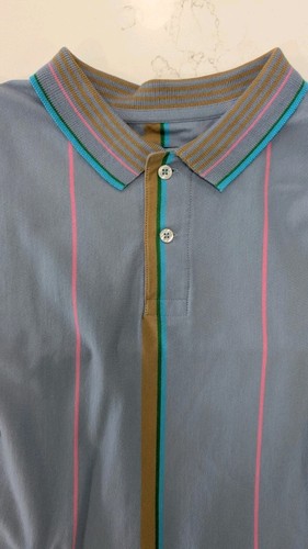 Noah NYC Season One gestreiftes Baumwoll-Poloshirt – blau hellbraun grün pink – Größe Medium - Bild 3 von 10