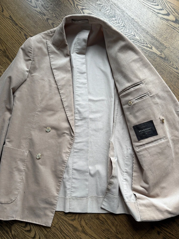 Custom Beige Marzoni Corduroy Sport Coat Double Breasted Patch Pockets 42L - Image 4 of 4