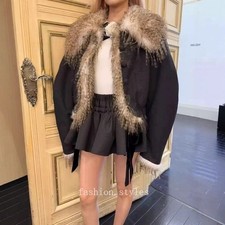 Real Fur Collar Jacket Sweet Retro Winter Warm Thicken Short Casual Jackets Top