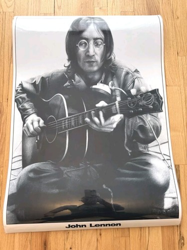 John Lennon Poster With Gibson Acoustic Guitar 24” x 34” Laminated Excellent