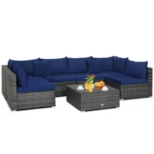 Patiojoy 7PCS Patio Rattan Furniture Set Sectional Sofa Cushioned Garden Navy
