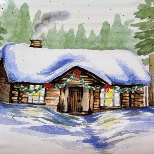 St. Nicholas Square Winter White 14" Treat Tray Platter Log Cabin Pine Trees - Picture 2 of 7