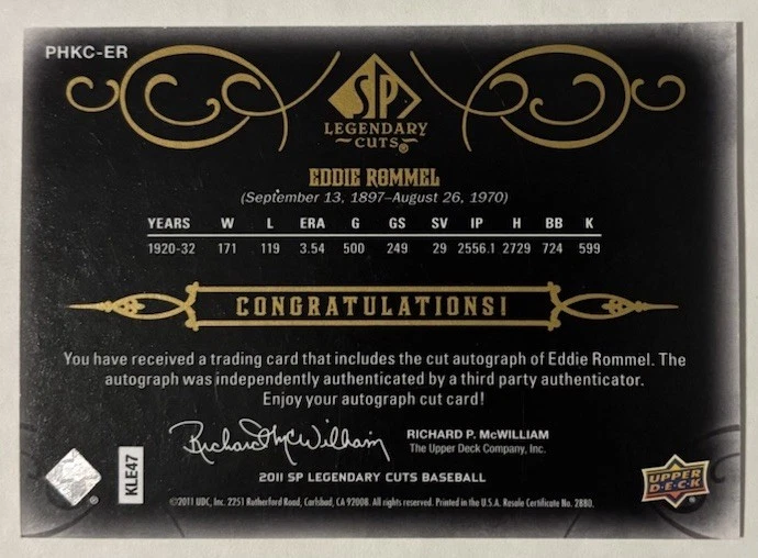 Eddie Rommel 2011 SP Legendary Cuts Auto Black Cut Signatures Autograph #’D 6/10 - Image 3 of 3
