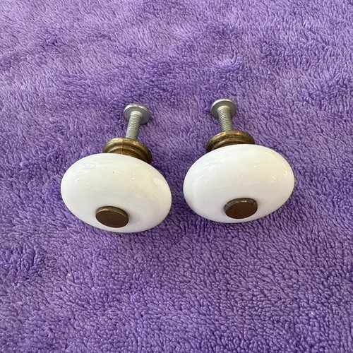 2 Vintage Porcelain Brass Button White Cabinet Knobs Pulls Ethan Allen Style