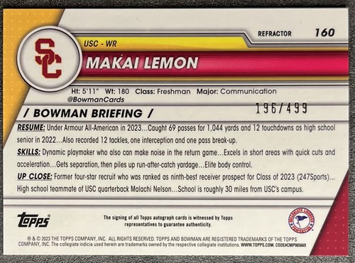 Makai Lemon 2023 Bowman Chrome Refractor Auto /499 RC USC Trojans WR - Picture 2 of 2