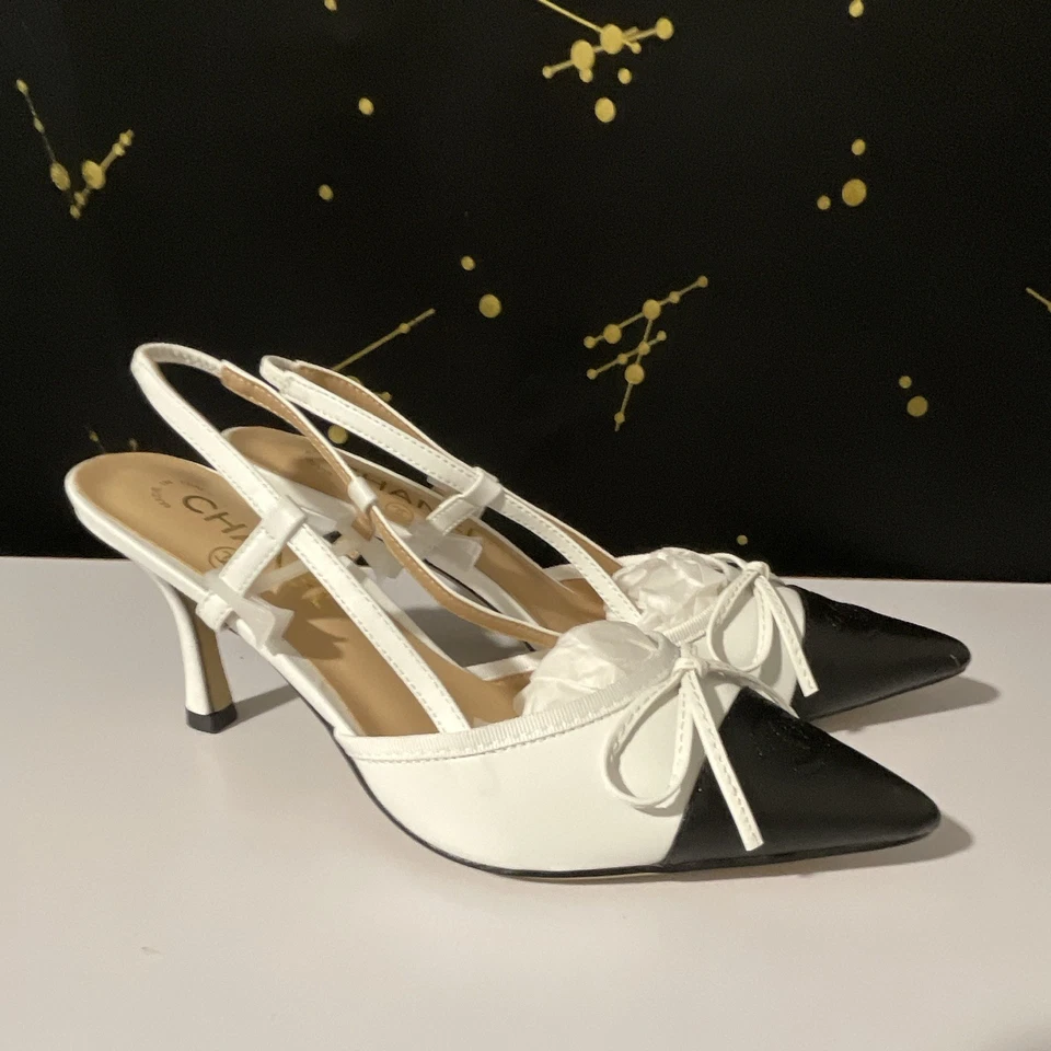 CHANEL Black/White Leather Slingback Pointed Toe Spool Mid Heels UK 6 EU 39 - Image 2 of 4