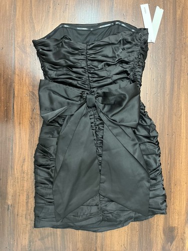 Aqua Black Satin Size Medium Bow Back Ruched Mini Bodycon Dress Cocktail Party - Picture 8 of 10