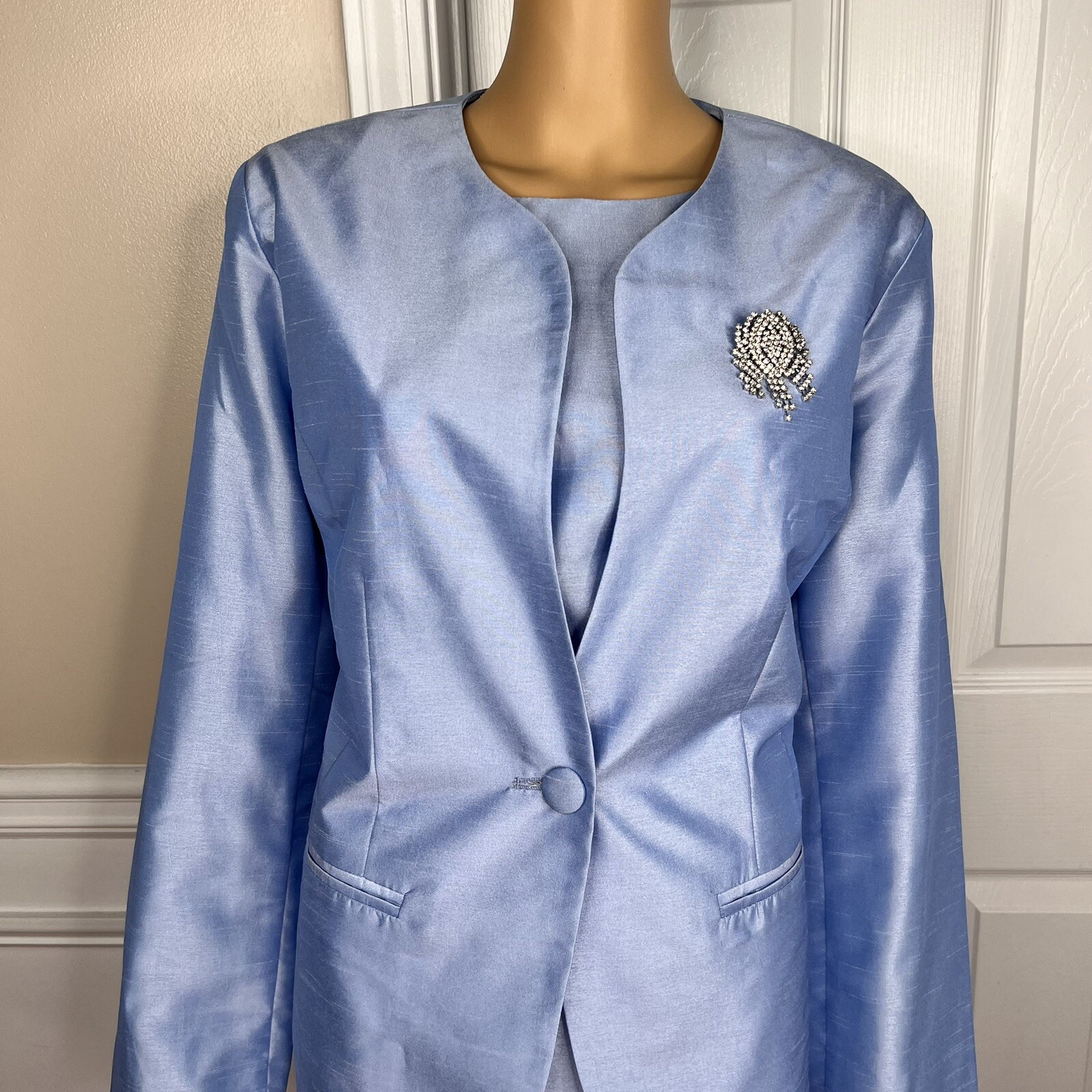 TALLY TAYLOR 3PC Slate Blue Polyester Collarless Cocktail Skirt Suit Top Size 14