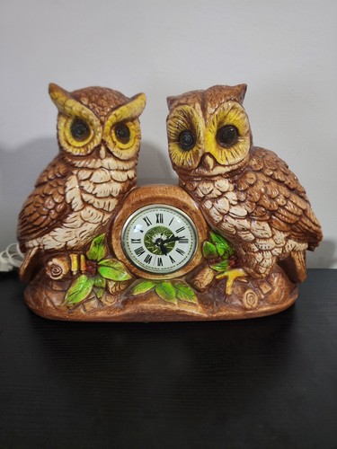 Vintage Lanshire Chalkware Double Owl mantel Clock Electric WORKS rustic MCM