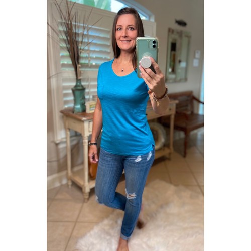 Sexy Sheer Burnout Melange Tissue Scoop Neck Short Sleeve Top Shirt Tee Jade - Picture 3 of 6