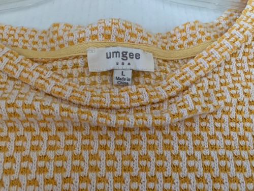 Umgee gelb/weißes Waffelstricktop, Rohnähte, Rollärmel, Gr. L, Lagenlook - Bild 6 von 10