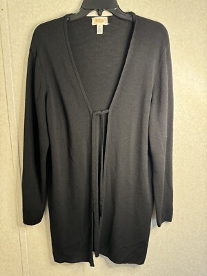 Vintage Talbots Black Minimalist Wool Blend Long Cardigan Open Front Duster  Tie