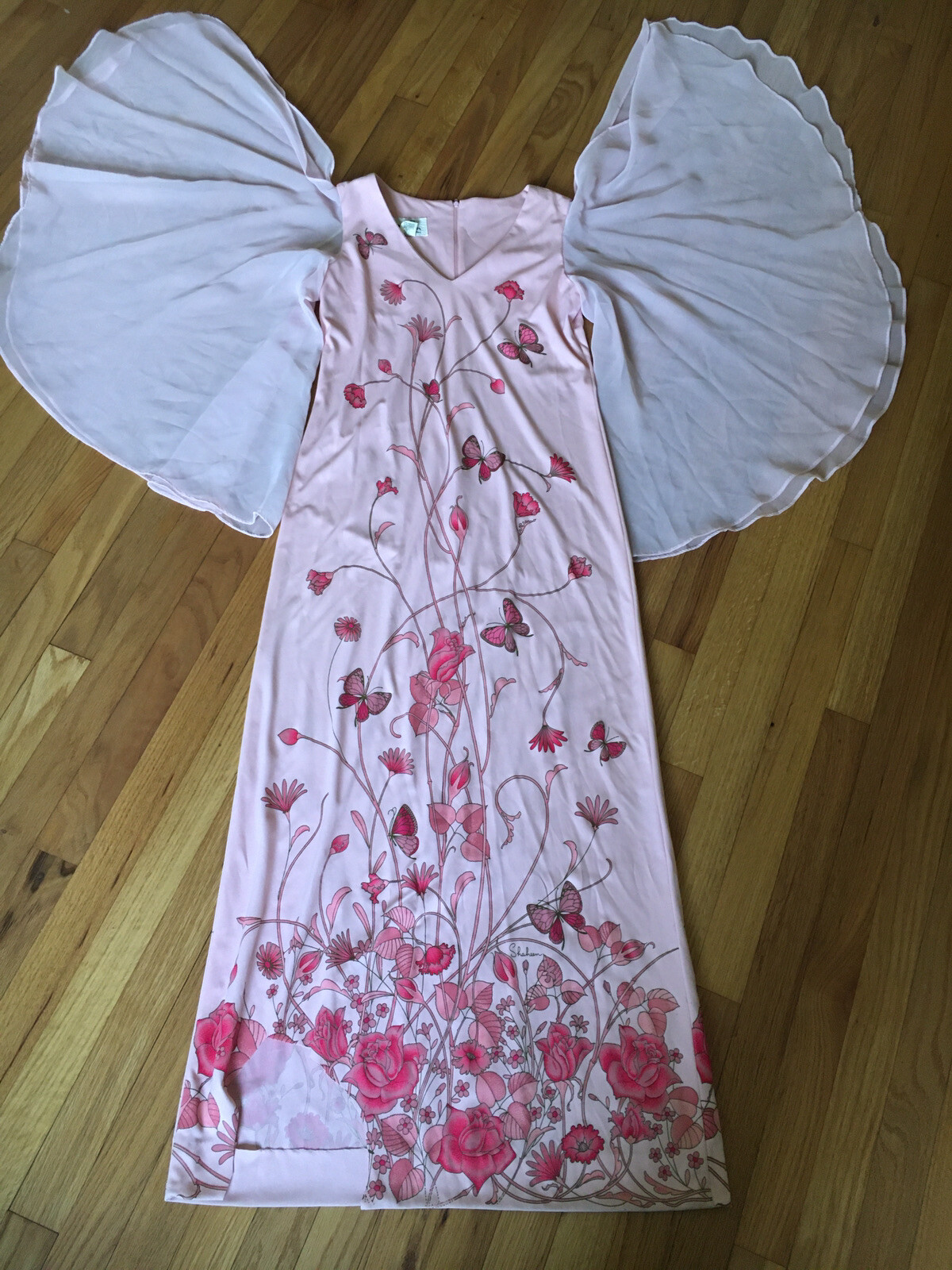 Vtg 70s Shaheen Pink Floral Dress Sheer Angel Sle… - image 13