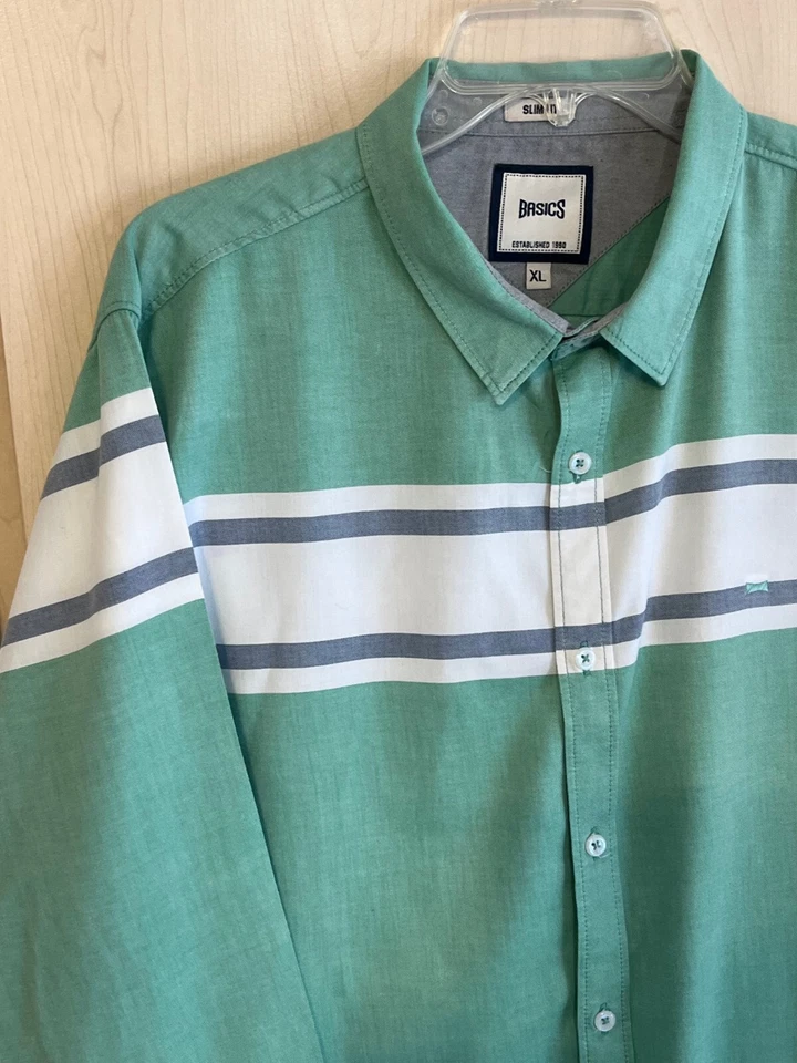 BASICS Men's SLIM FIT Button Down Shirt Size XL X-Large Striped Green Blue - Image 2 of 4