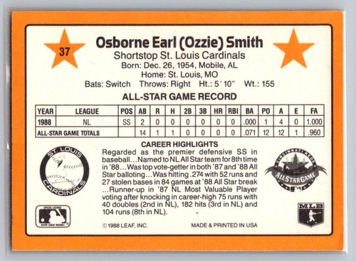 1989 Donruss NL All Star Ozzie Smith #37 - Picture 2 of 2
