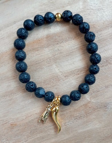 Italienisches Hornarmband Gold, Mano Cornuto, Cornicello, Teufelshand, Lavastein - Bild 5 von 9