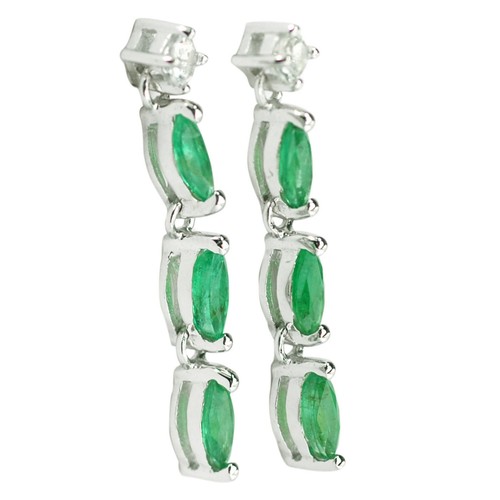 De Buman Sterling Silver 1.74ctw Genuine Emerald & White Topaz Elegant Earrings - Picture 3 of 5