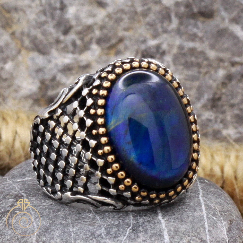 Men Blue Tiger Eye Ring Gemstone Anniversary Ring For Men Engraved