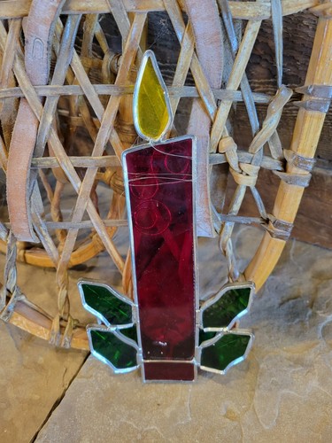 Stained Lead Glass Suncatcher Christmas Candle Holly Ornament Window Art Decor - Picture 2 of 2