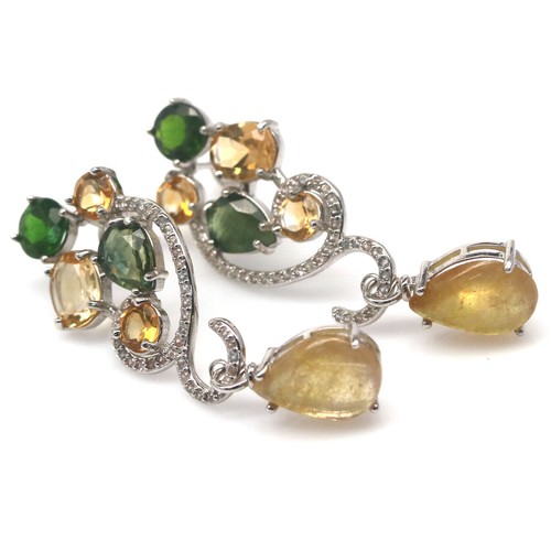 Unheated Gemstone Colorless With Rutile Quartz, Citrine... Earrings 925 Silver - Picture 2 of 4