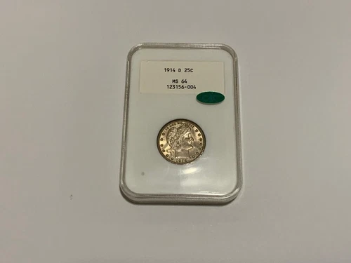 1914-D NGC MS64 CAC Barber Quarter . RARE NGC 2.0 White Label Holder .