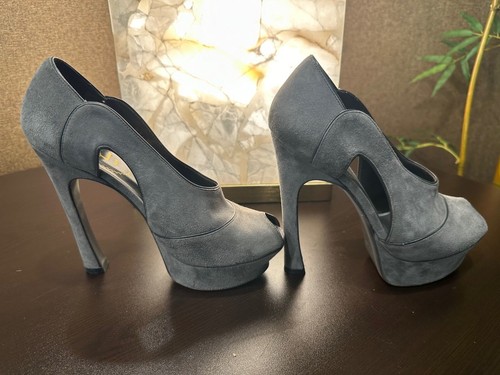 EUC YSL Yves Saint Laurent Gray Suede Peep Toe Platform High Heels EUR 38 US 8 - Picture 3 of 16