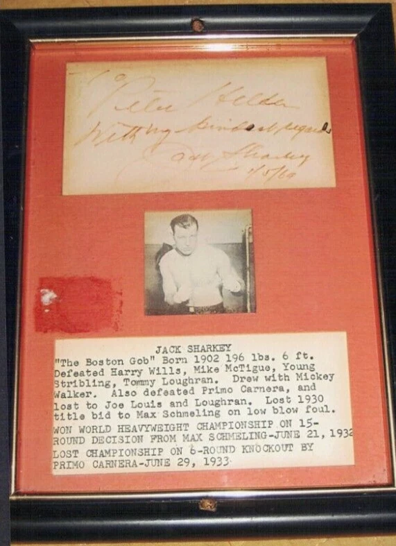 CHAMPION RARO CAMPIONE DEL MONDO pugile BOSTON JACK SHARKEY autografo display incorniciato