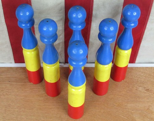 Vintage 1940s Skittles Bowling Game Wood Pins 9" Tall Blue/Red/&Yellow Antique - Picture 5 of 7