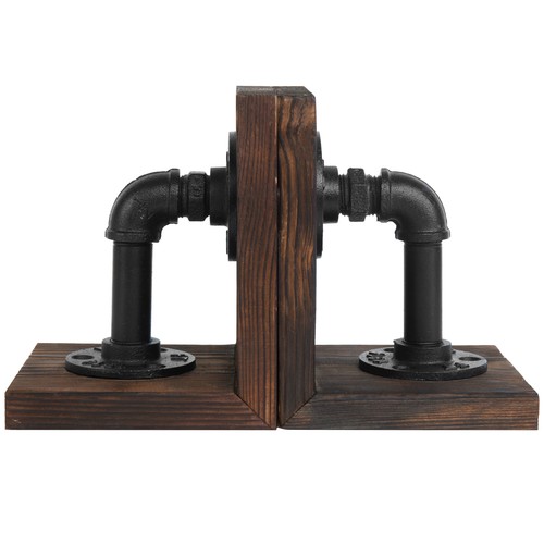 MyGift 2 Piece Set Dark Brown Rustic Wood and Industrial Pipe Desktop Bookends - Picture 6 of 6