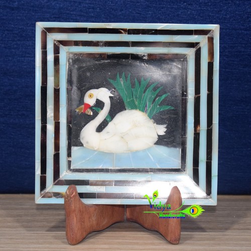 Marble Inlay Tray Handmade Decorative Tray SeaShell Inlaid Swan Pattern Decor - Picture 2 of 6