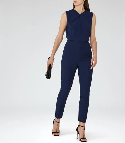 REISS Leoni twist-front knot navy jumpsuit UK 10 rrp $429 zip alteration at back - Picture 4 of 15