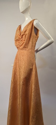 1930’S WATERED GOLDEN YELLOW TAFFETA LONG DRESS W RUCHED FRONT BUST - Picture 5 of 12