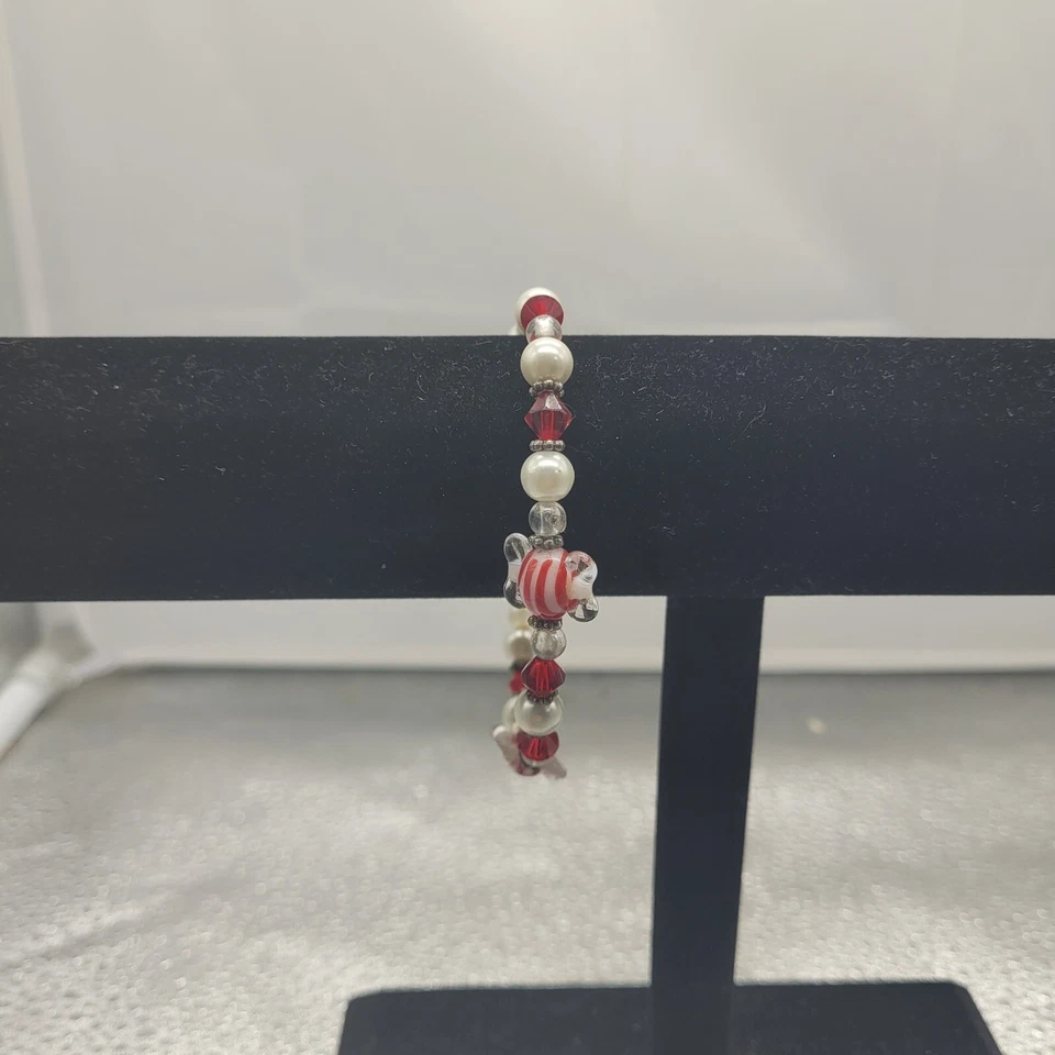 Candy Maker's Witness Christmas Red White Glass Beads Bracelet W/ Magentic Clasp Foto 3 de 4