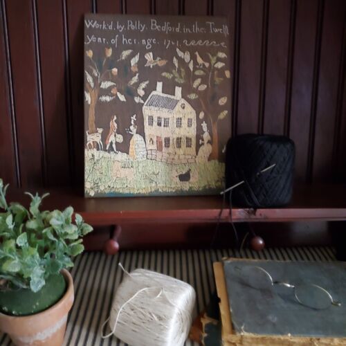 PRIMITIVE VICTORIAN VINTAGE COLONIAL STYLE 1701 POLLY BEDFORD SAMPLER COPY SIGN - Picture 2 of 11