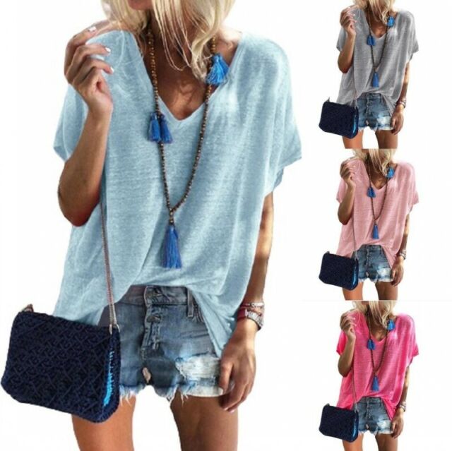 Womens V-Neck T-Shirt Batwing Short Sleeve Solid Shirt Summer Casual Loose Tops Womens V-Neck T-Shirt Batwing Short Sleeve Solid Shirt Summer Casual Loose Tops